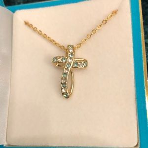 March aquamarine birthstone cross Austrian Crystal necklace